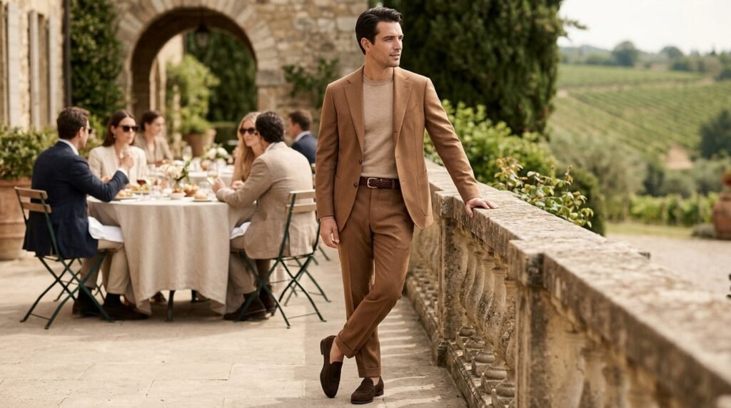 camel brown suit outfit