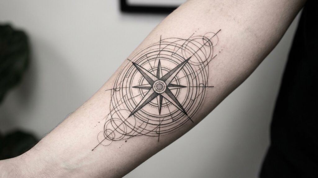 geometric compass sleeve tattoo