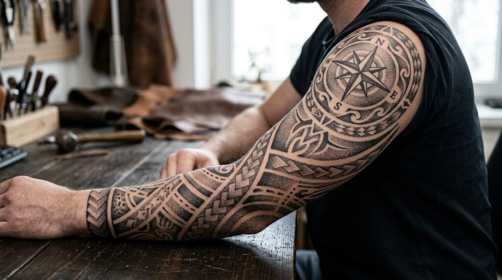 dotwork tribal sleeve design