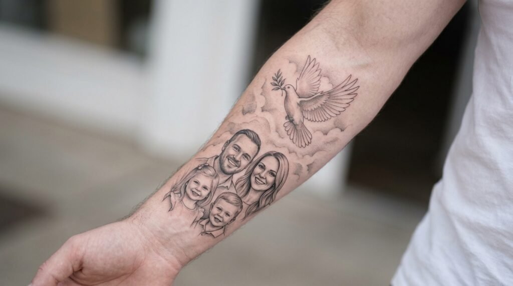 family forearm portrait tattoo