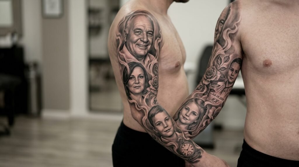 family portrait sleeve tattoo