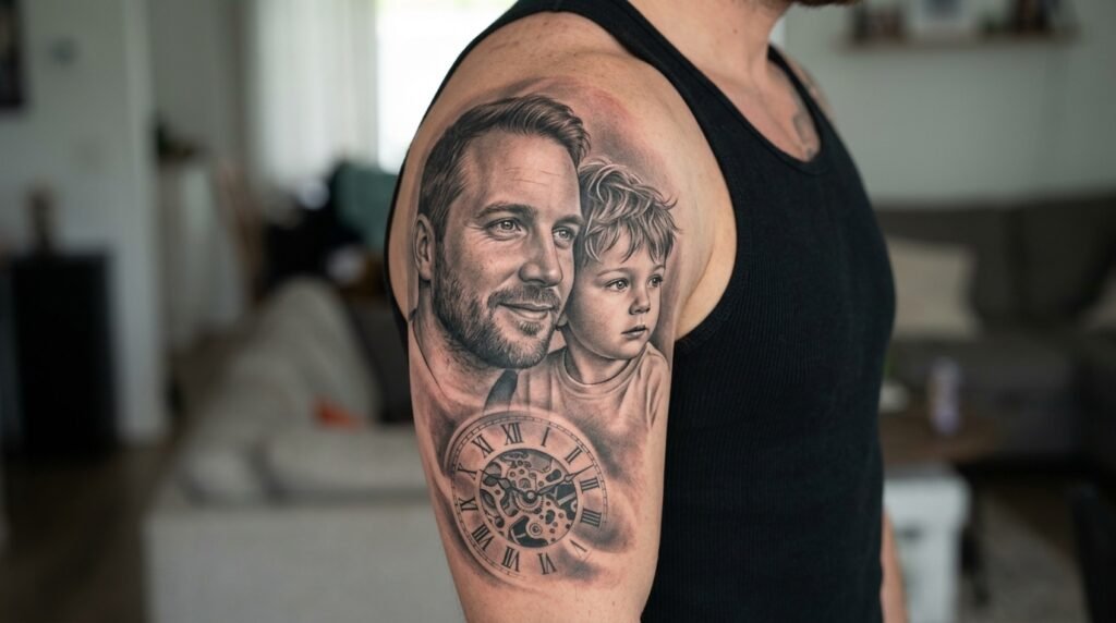 father son portrait sleeve tattoo