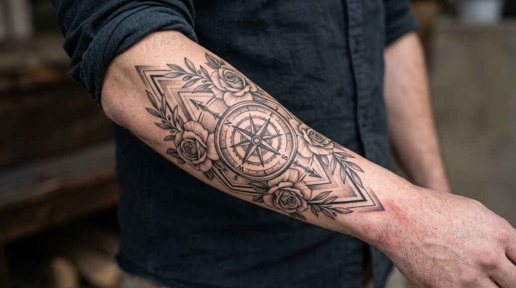 compass floral sleeve tattoo