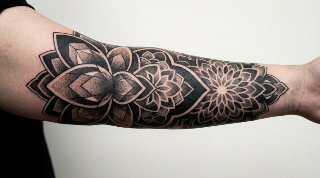 geometric flower sleeve tattoo