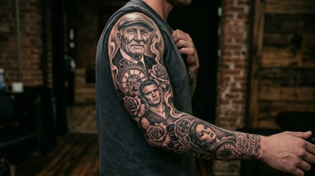 portrait arm sleeve tattoo