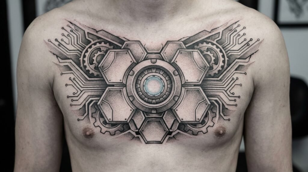 geometric chest biomechanical tattoo