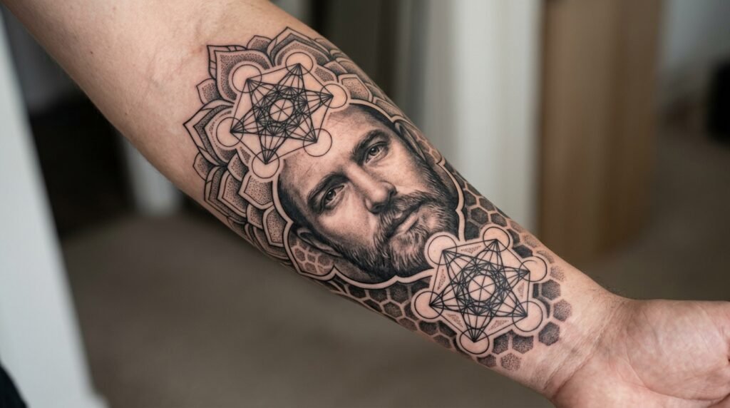 geometric portrait arm tattoo
