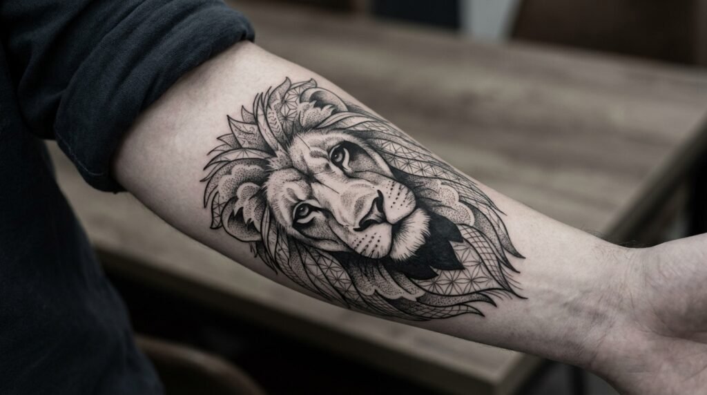 geometric lion arm tattoo