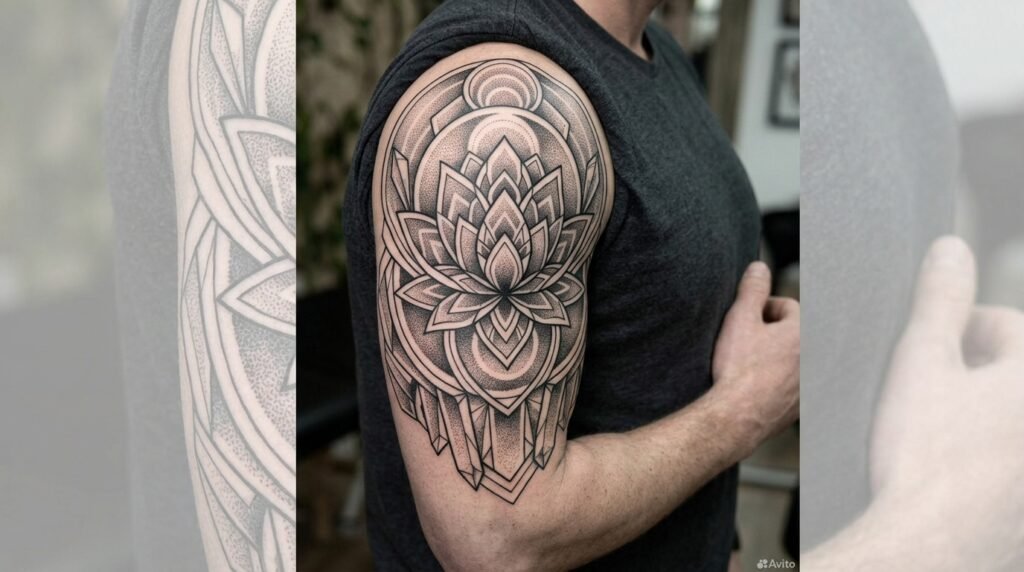 geometric lotus sleeve tattoo