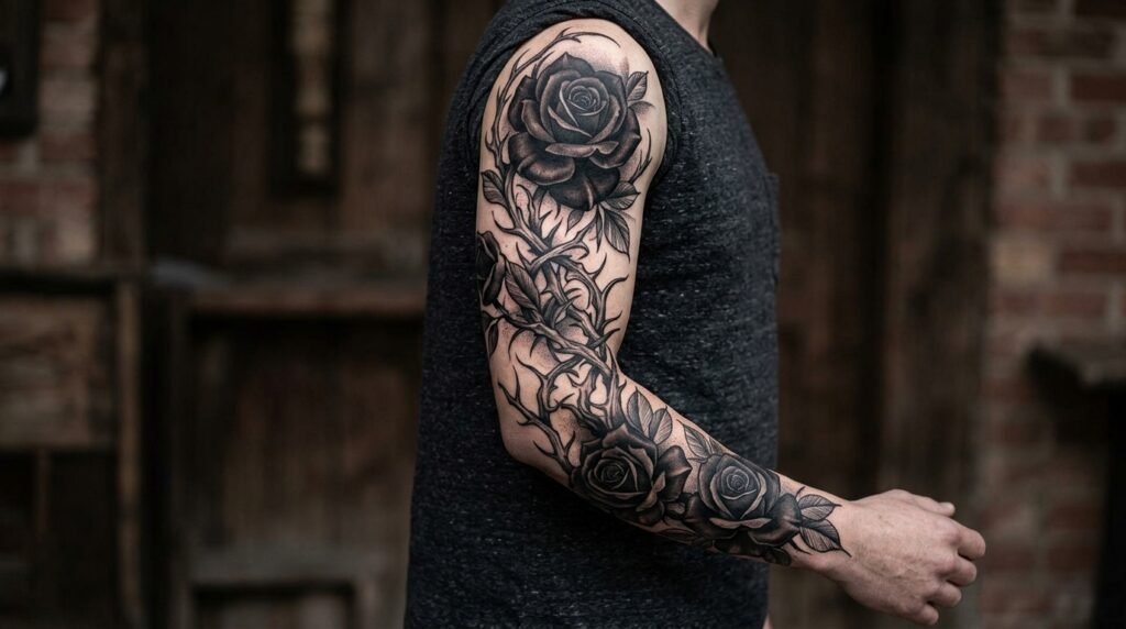 gothic floral sleeve tattoo