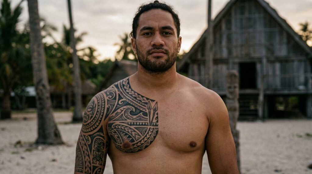 Half Chest Polynesian Tattoo
