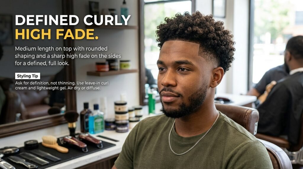 defined curly high fade