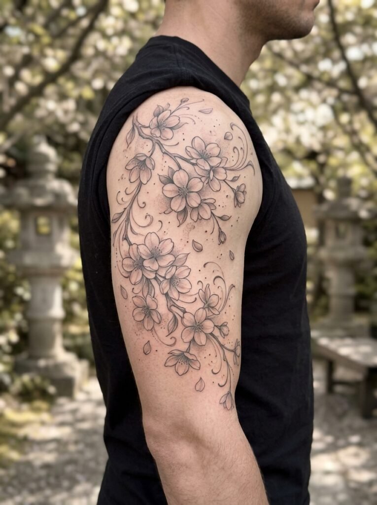 illustrative floral sleeve tattoo