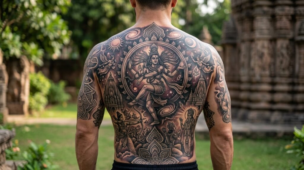 indian mythology back tattoo