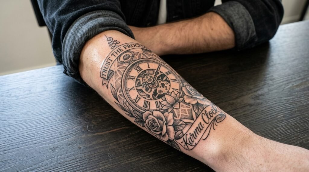 karma clock tattoo