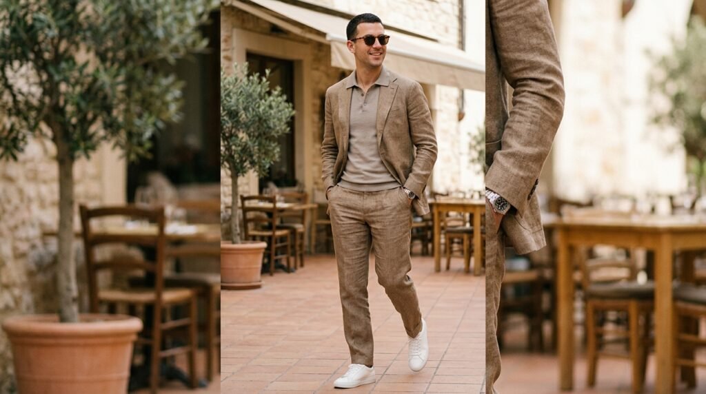 light brown linen suit style