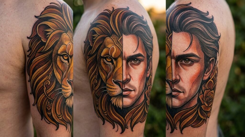 lion portrait sleeve tattoo