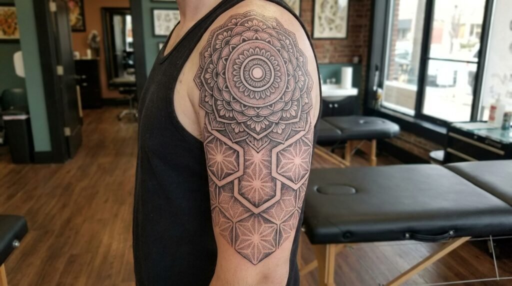 mandala shoulder sleeve tattoo