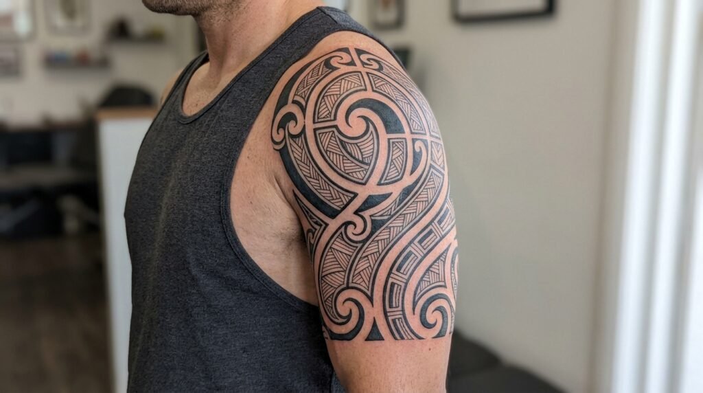 Maori upper arm tribal tattoo