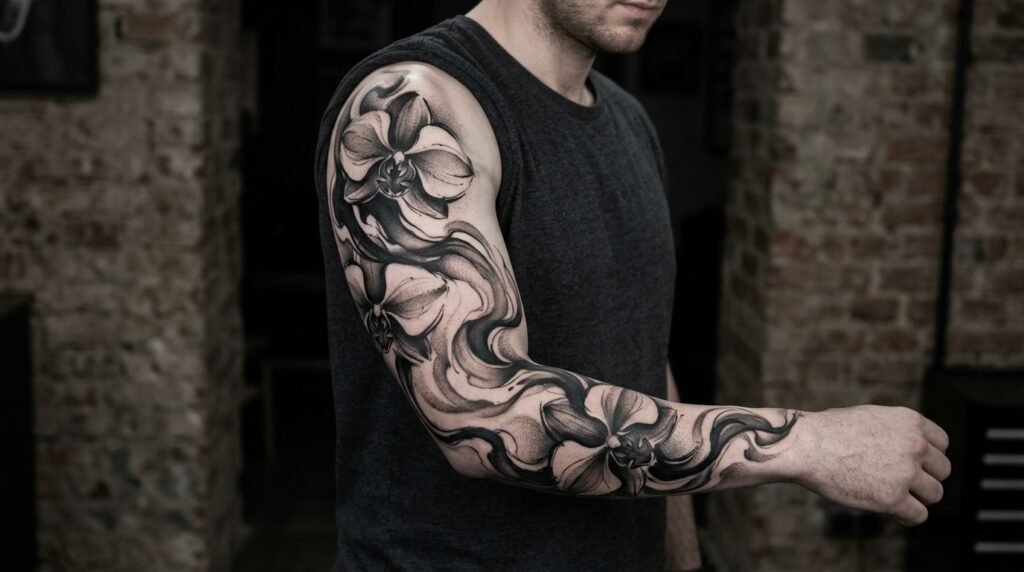 abstract floral sleeve tattoo
