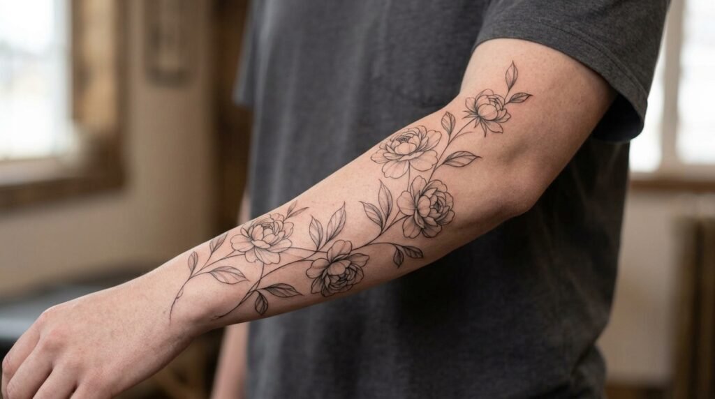 fine line floral forearm tattoo
