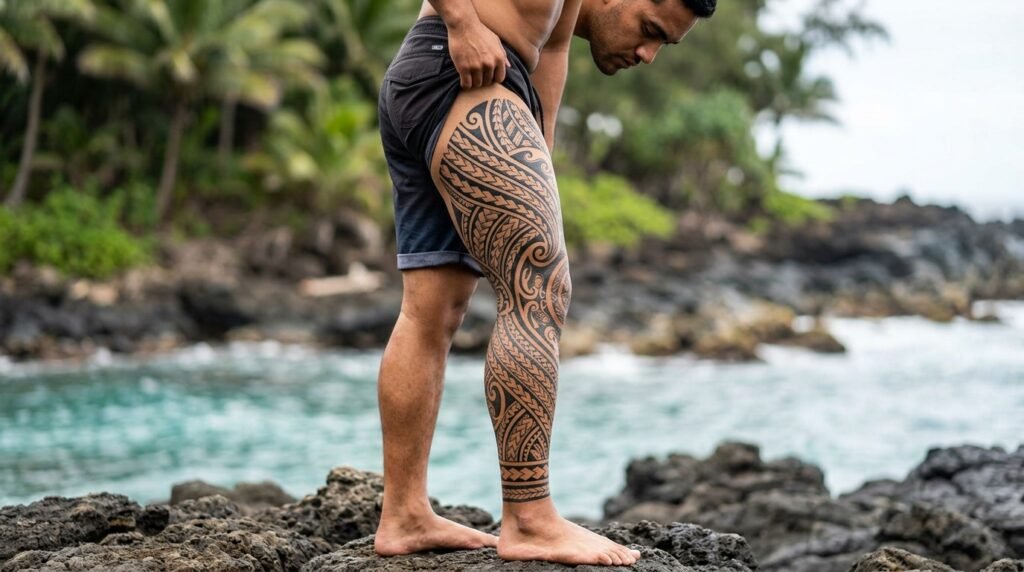 Polynesian Full Leg Tattoo