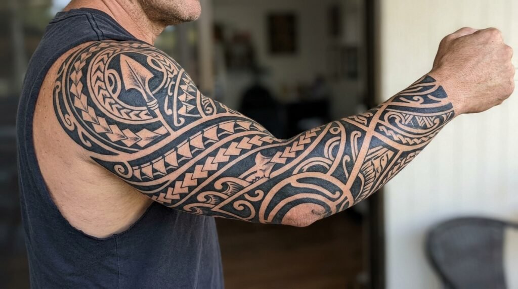 Polynesian tribal sleeve tattoo