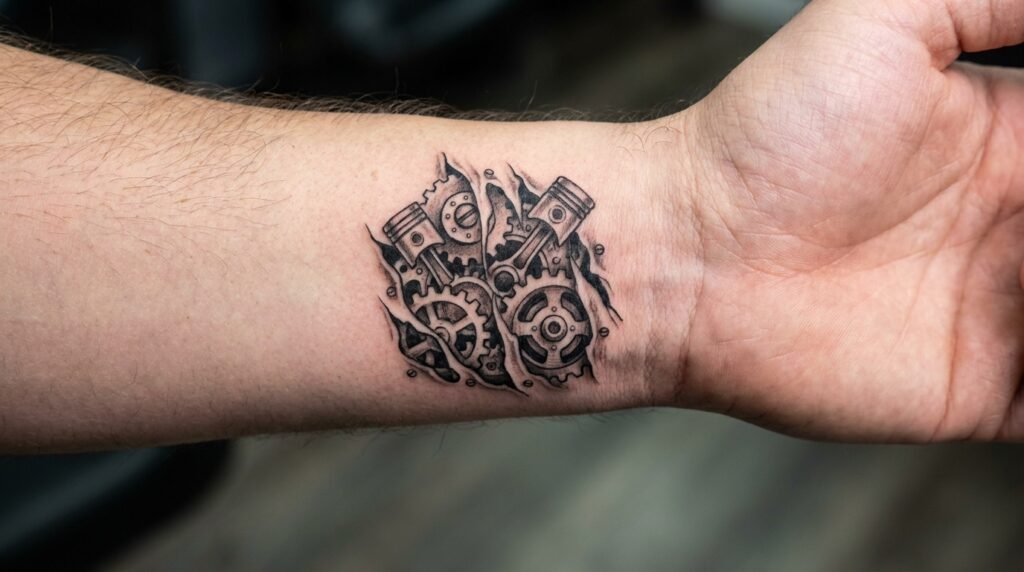 small biomechanical wrist tattoo