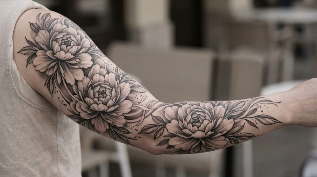 realistic floral sleeve tattoo