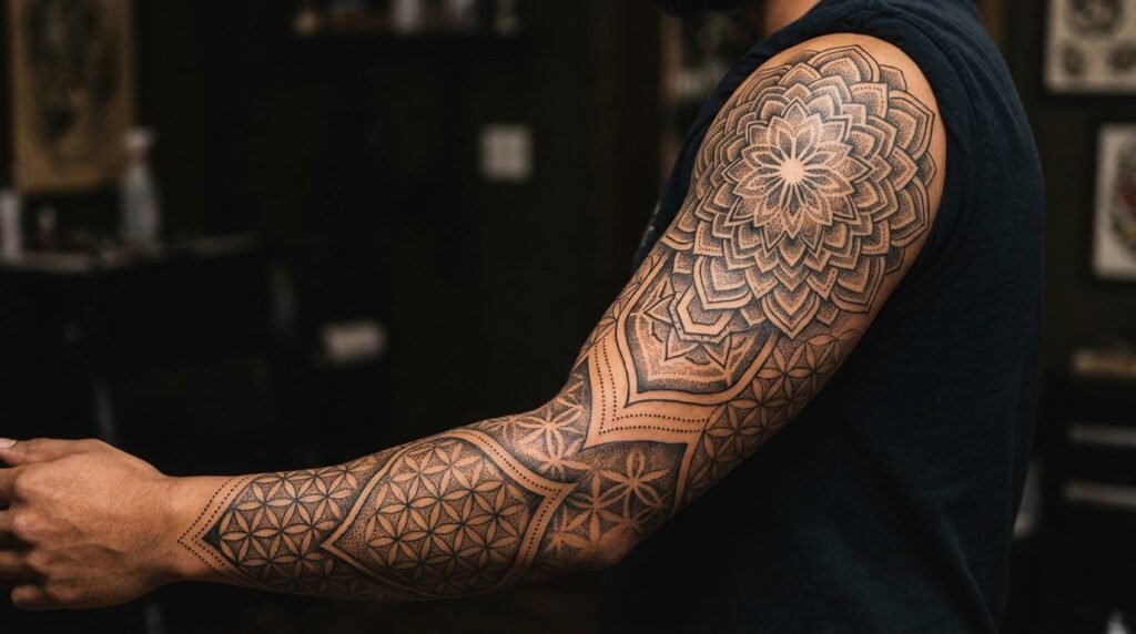 sacred geometry sleeve tattoo