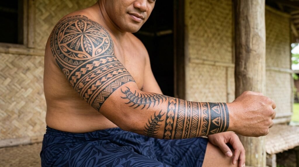 Samoan tribal sleeve tattoo