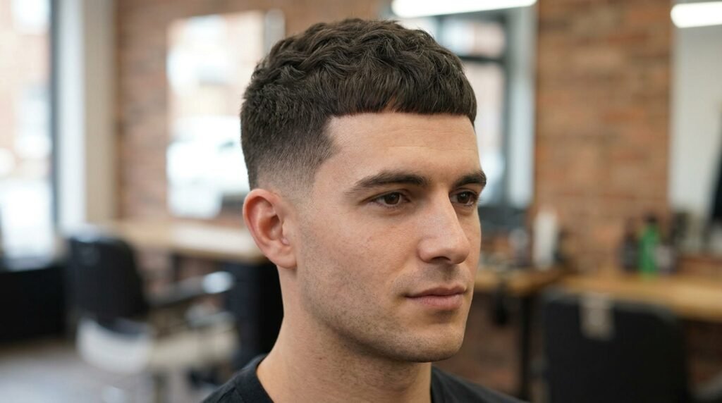 low drop fade Caesar cut