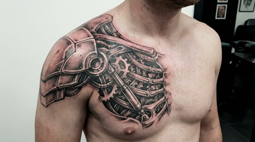 shoulder to chest biomechanical tattoo