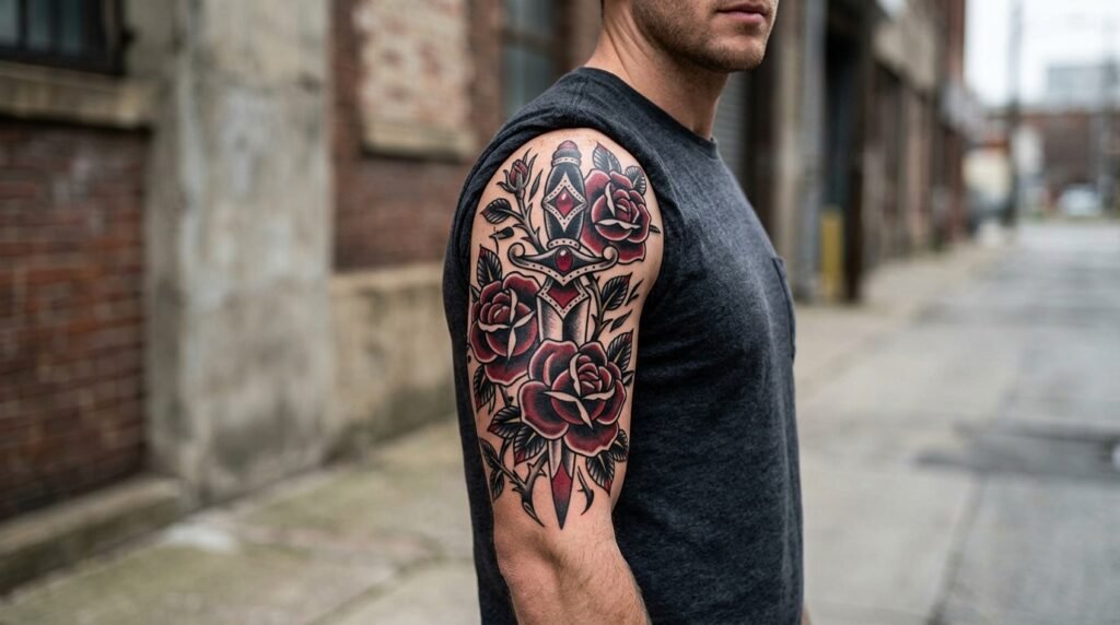 traditional floral arm tattoo