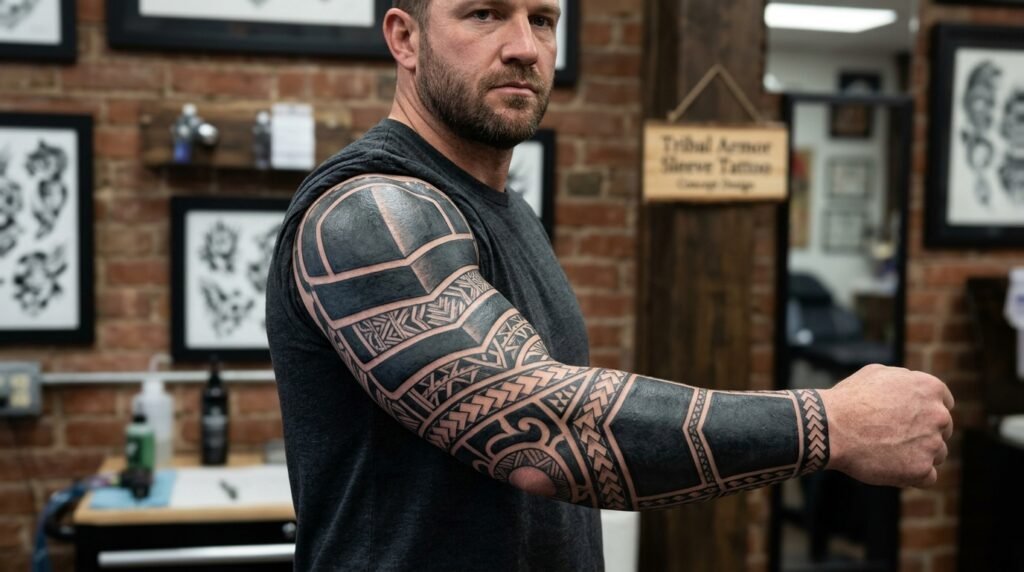 tribal armor sleeve tattoo