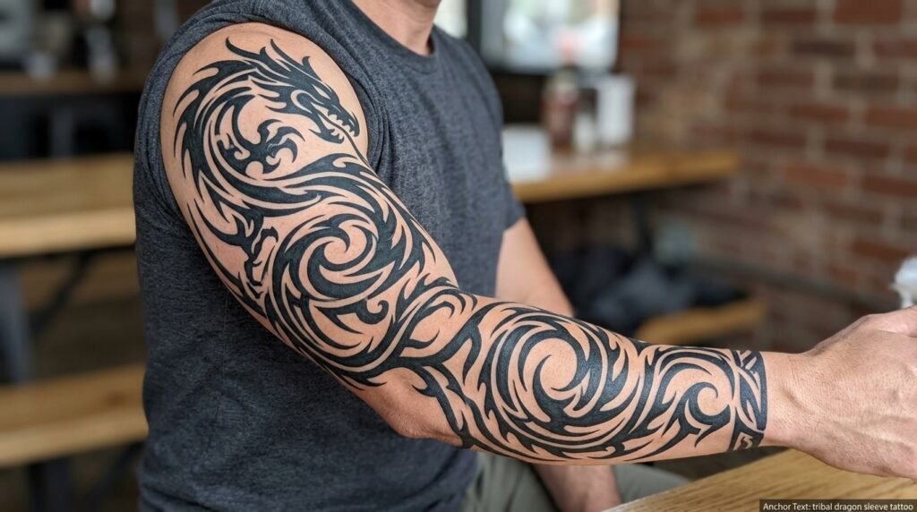 tribal dragon sleeve tattoo