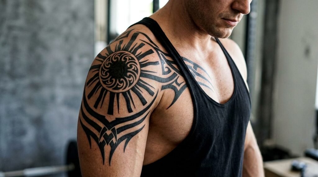 tribal sun shoulder tattoo