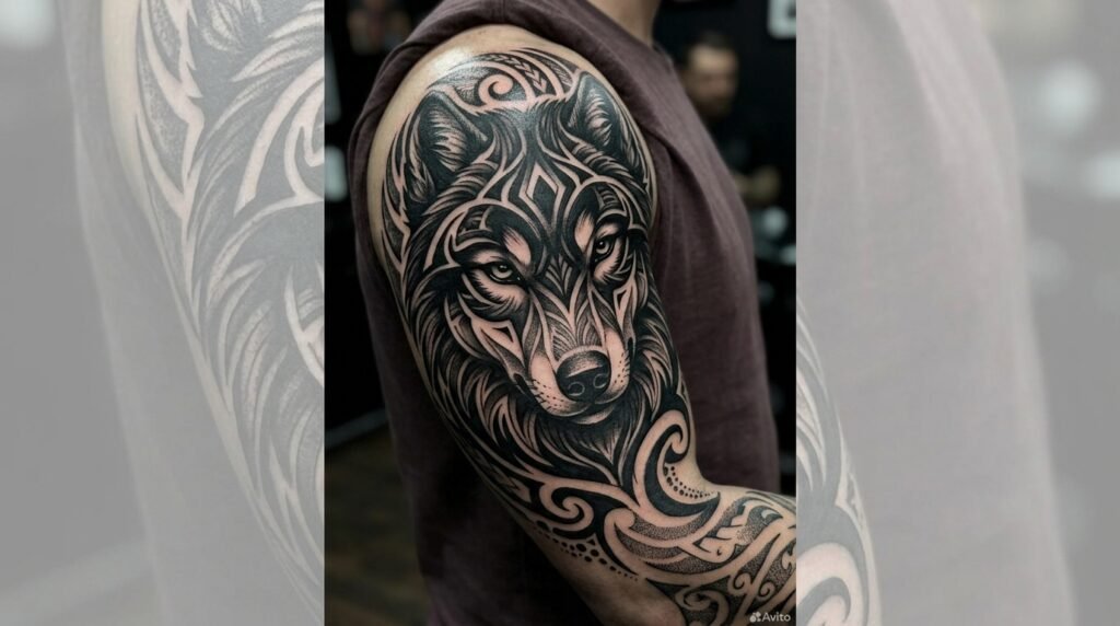 tribal wolf sleeve tattoo