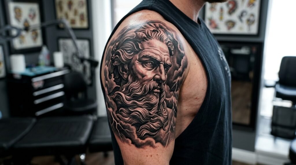 Zeus portrait sleeve tattoo