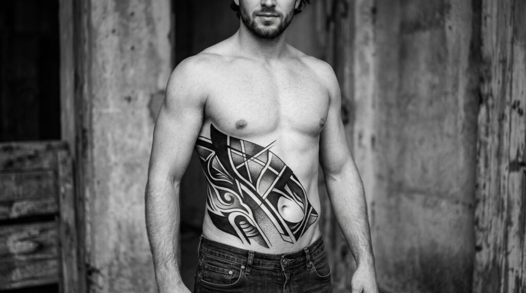abstract belly tattoo men