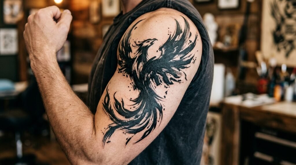 abstract phoenix upper arm tattoo