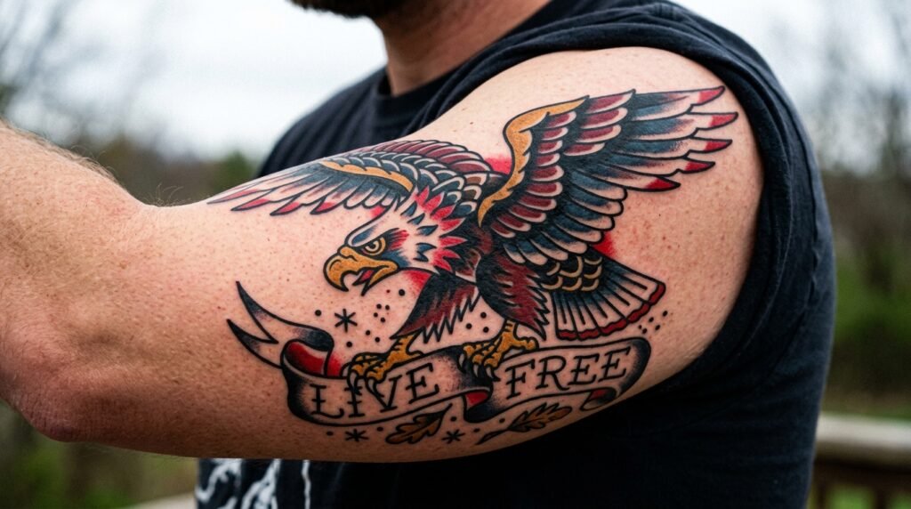 traditional eagle upper arm tattoo