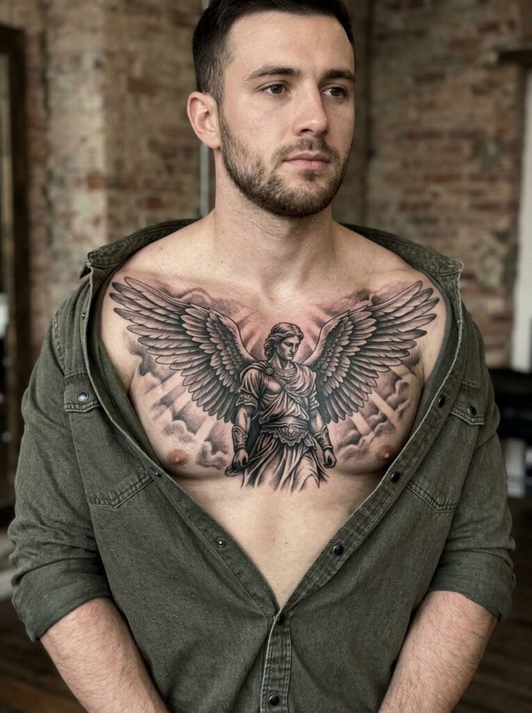 Angel chest tattoo for men