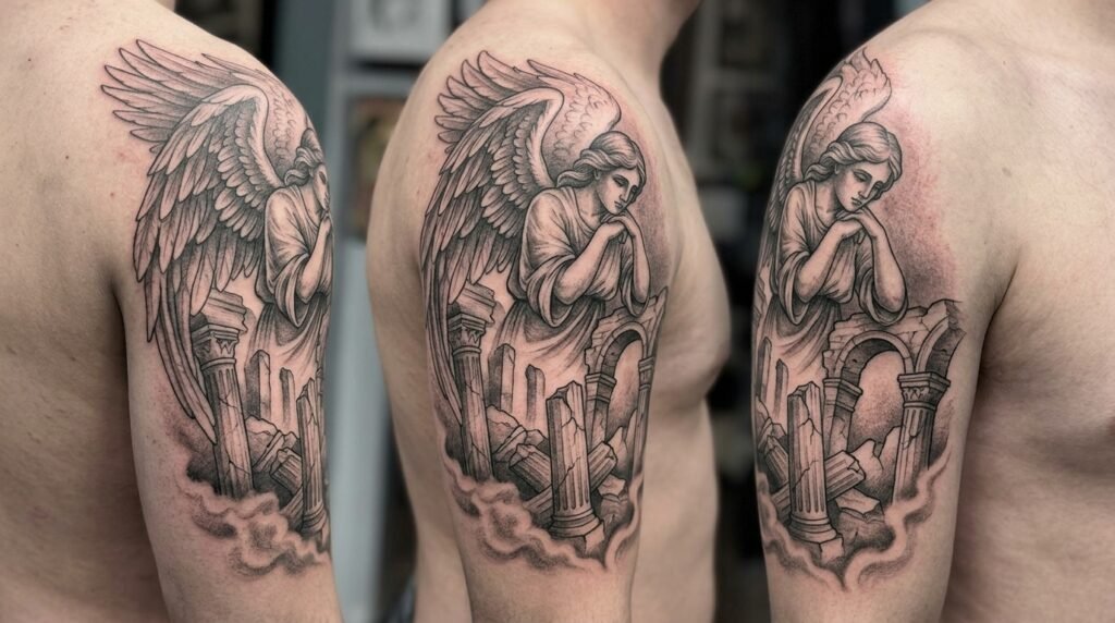 angel upper arm tattoo