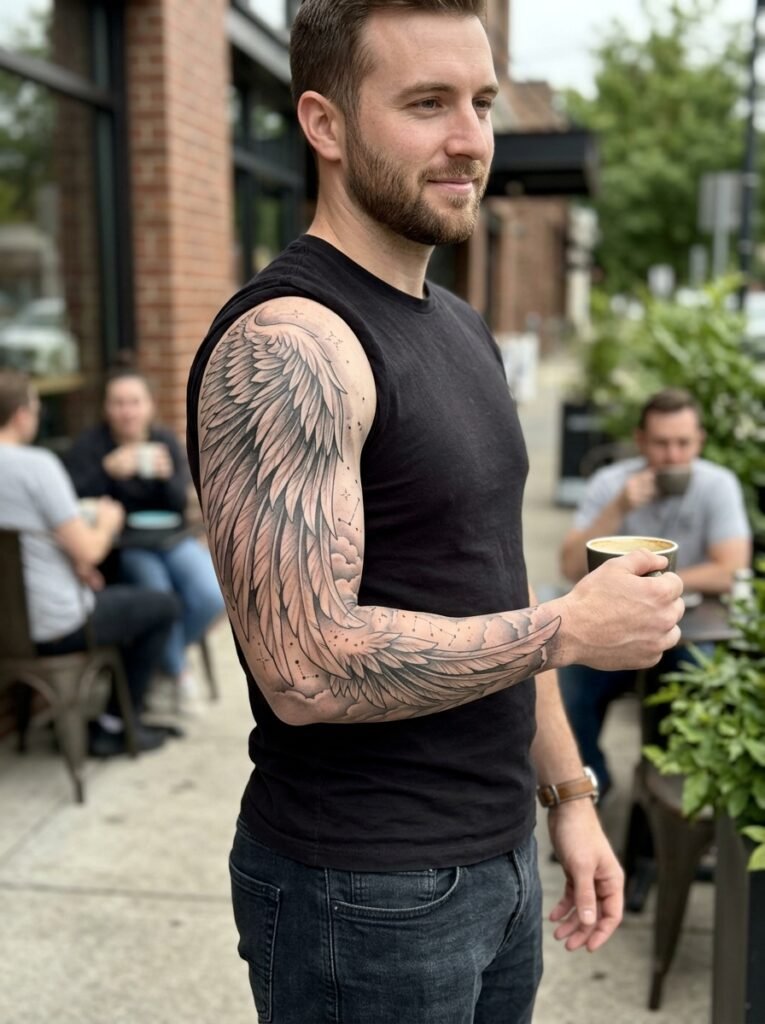 Angel wing sleeve tattoo for men