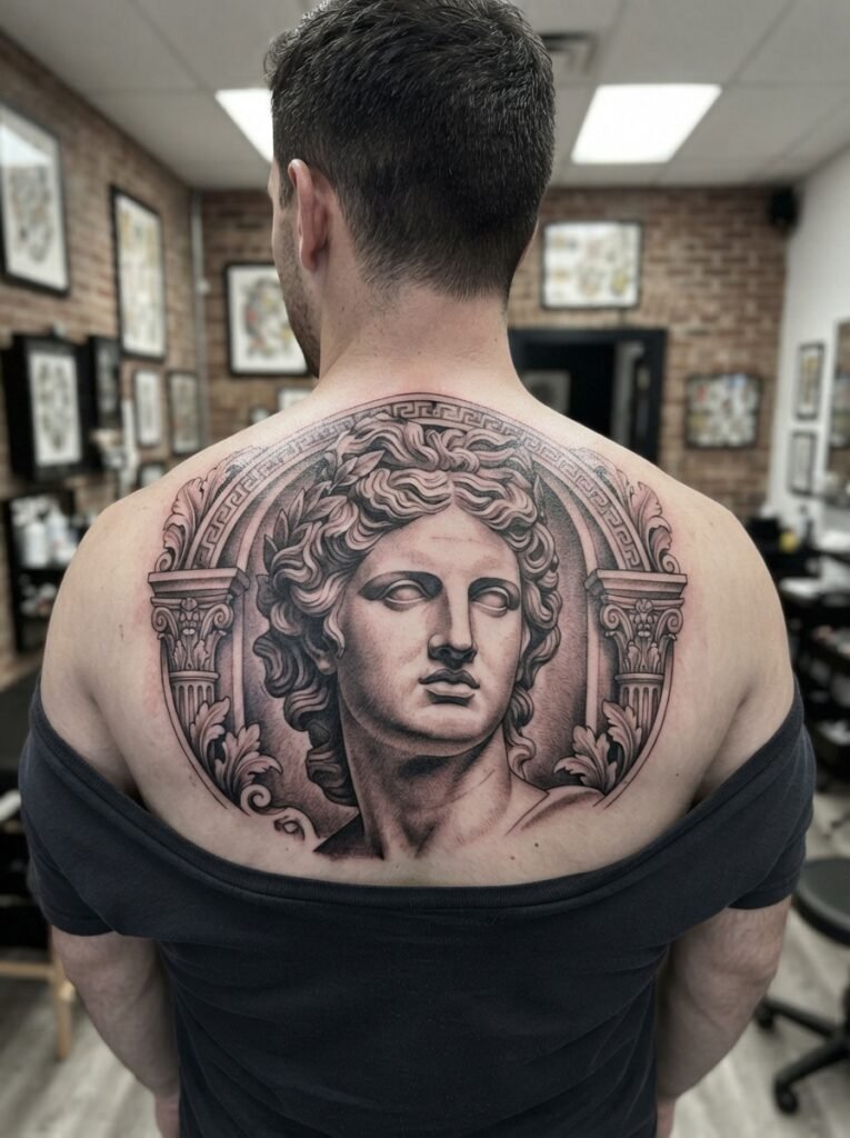 Greek upper back tattoo