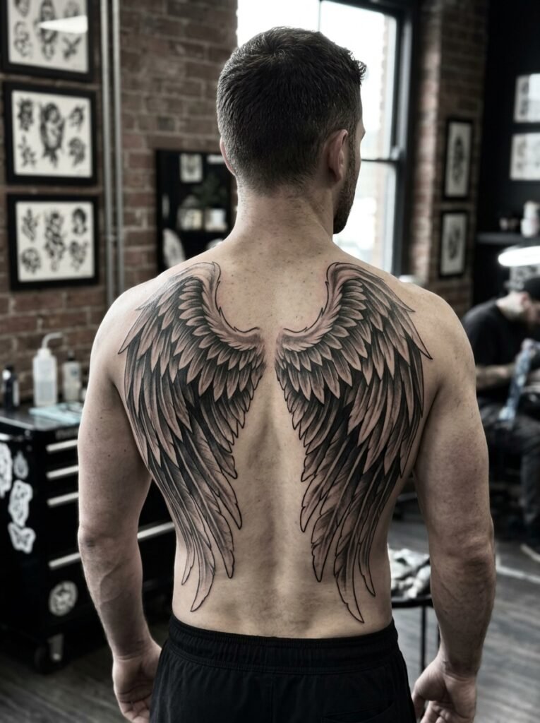 Back angel wings tattoo for men