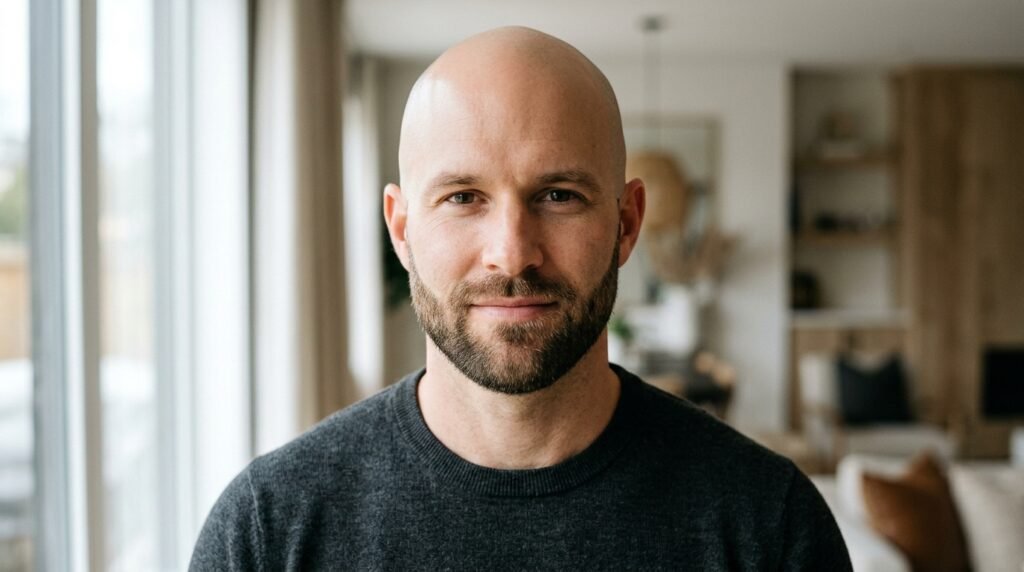 bald with trimmed beard