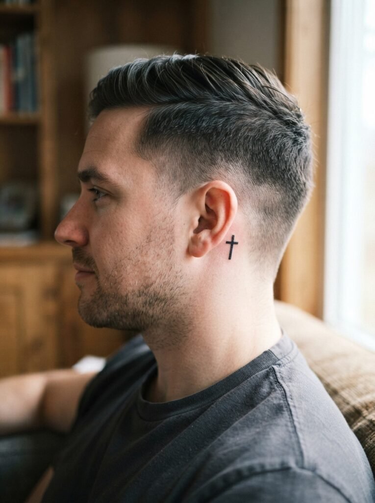 behind ear christian tattoo men