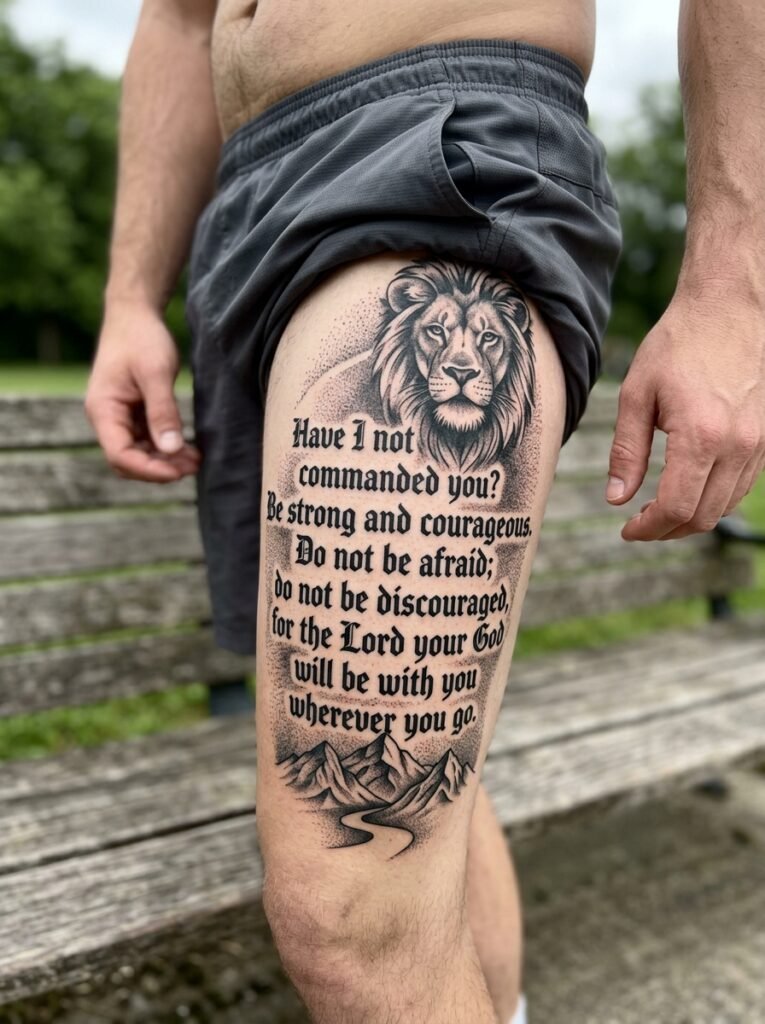 thigh bible verse tattoo men